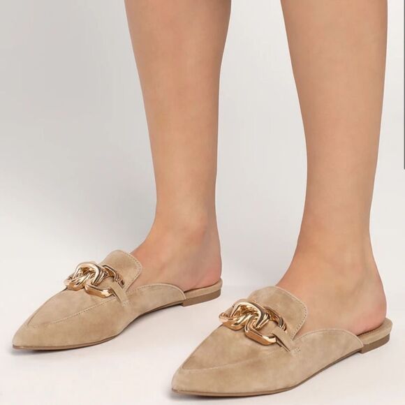 Steve Madden Friends Tan Suede Chain Pointed-Toe Loafer Slides Size 10 M - Picture 1 of 8